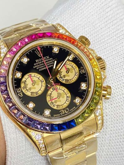 Rolex Rainbow Daytona Replica with Rainbow Diamond Bezel Cal 7750 Movement 316L Steel Gold Strap Watch